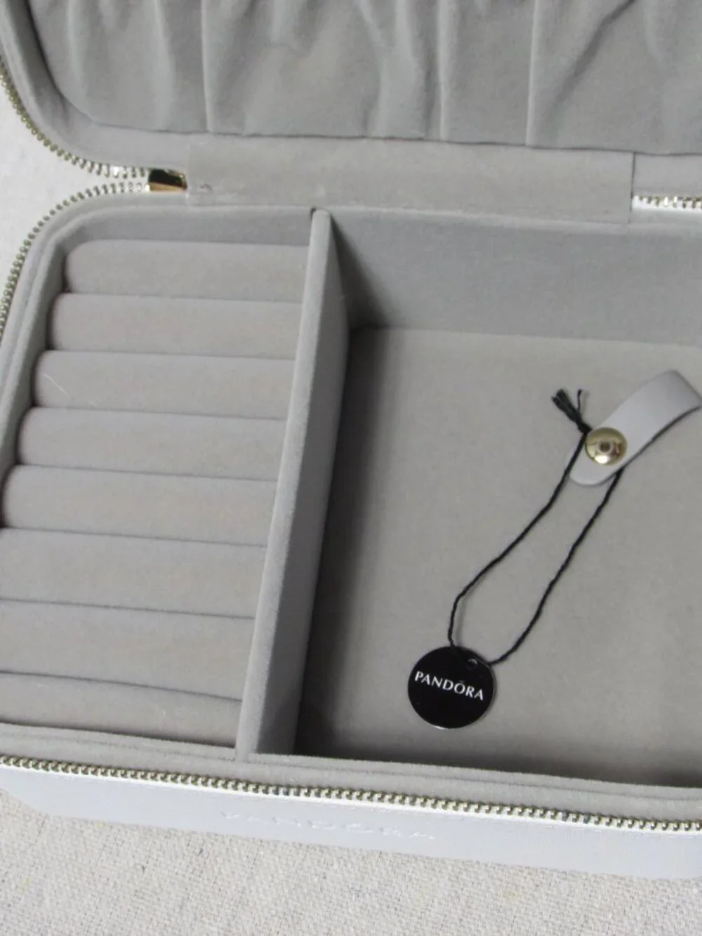 Pandora White Travel Jewelry Box Embossed Floral Gold Zipper Gray Velvet Lining